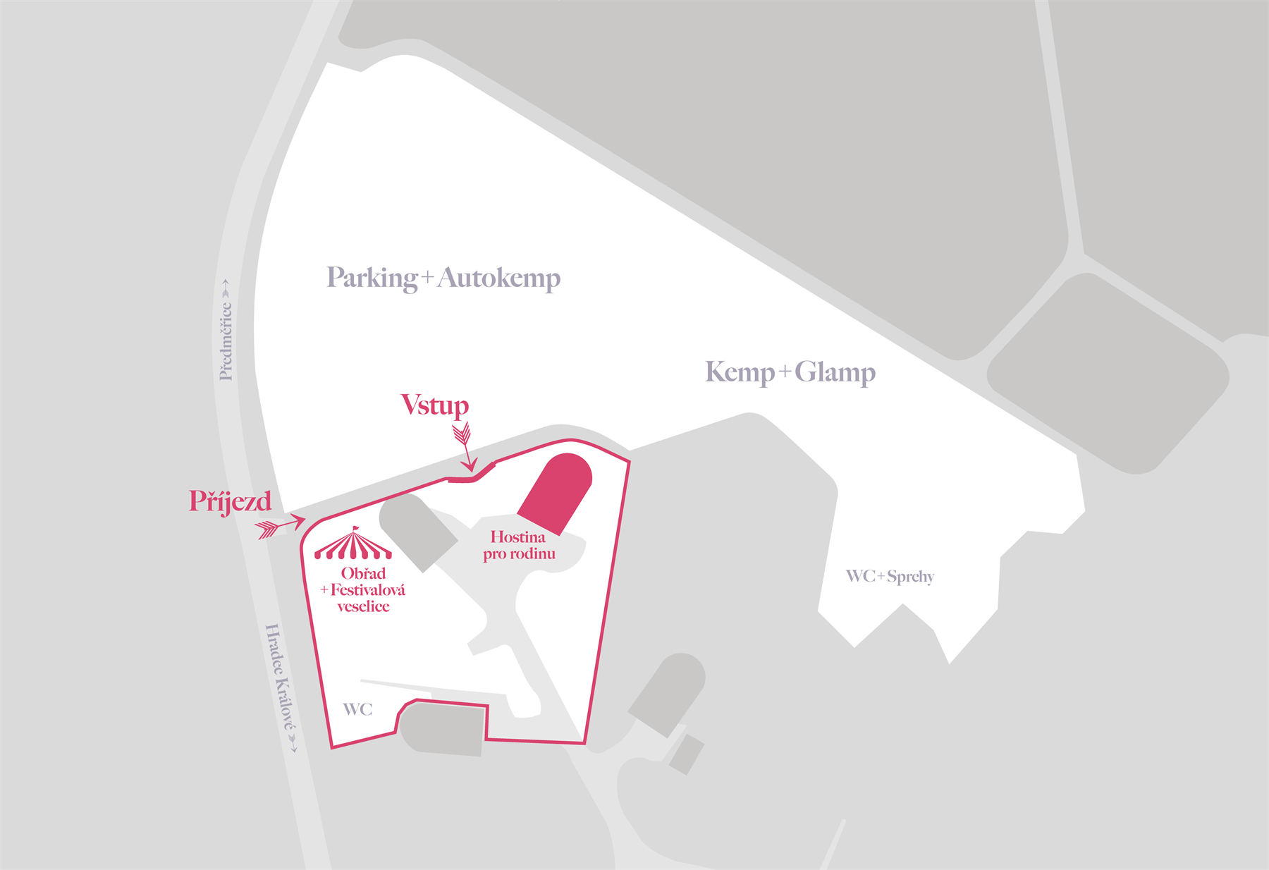Mapka areálu Park 360: příjezd a vstup od Předměřic, obřad a festivalová veselice ve stanu, hostina pro rodinu, parking s autokempem, kemp s glampingem, WC a sprchy